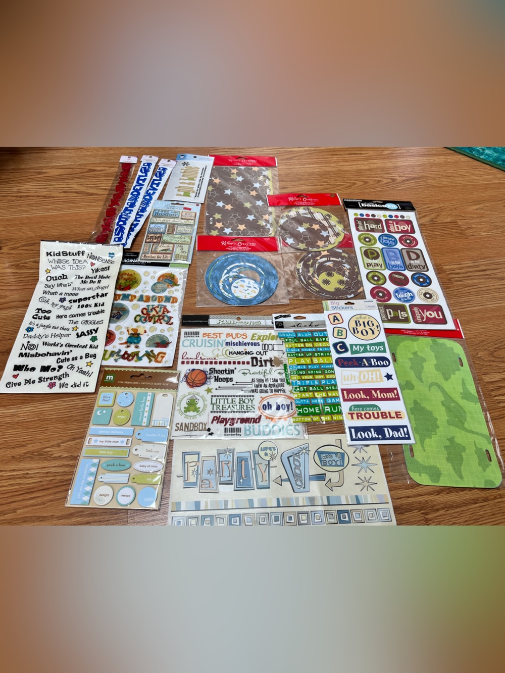 Lot of 18 Unopened Packages of Assorted Scrapbook Stickers and Embellishments